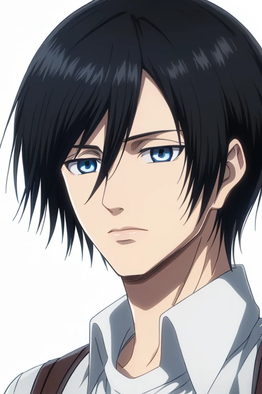 1boy, (mikasa ackerman as a man), (black hair:1.3), hair between eyes, ((short hair)), sidelocks, (round blue eyes), closeup,  solo, slight lips,, masterpiece, best quality,