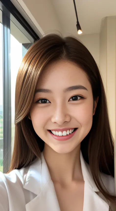 The face is a hostess、White Business Shirt、By the window of a high-rise building、hiquality、A hyper-realistic、healthy、Smiling expression、Slender perfect figure、Japan beauties、beautidful eyes、face perfect、Beautiful skin、portlate