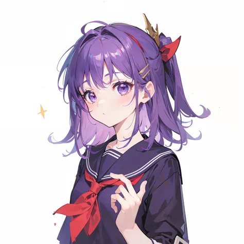 {{best quality}}, {{masterpiece}}, {{ultra-detailed}}, {illustration}, {detailed light}, Purple hair, red headband, sailor suit, hair clip,