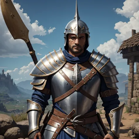 cenário do jogo chivalry 2, homem pele branca, armadura medieval, corpo metade pra cima