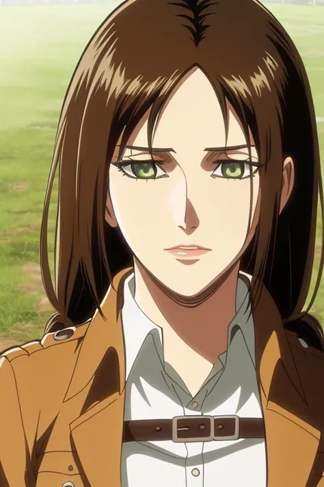 1girl, mature woman, closeup, solo, slight lips, masterpiece, long hair, light brown hair, clips in hair, scouting uniform, beautiful, aot, snk, shingeki no kyojin, aot style, green eyes