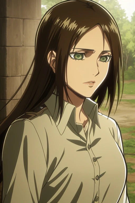 1girl, mature woman, closeup, solo, slight lips, masterpiece, long hair, loose hair, (light brown hair), clips in hair, scouting uniform, beautiful, aot, snk, shingeki no kyojin, aot style, green eyes, glittering eyes, round eyes, kind expression