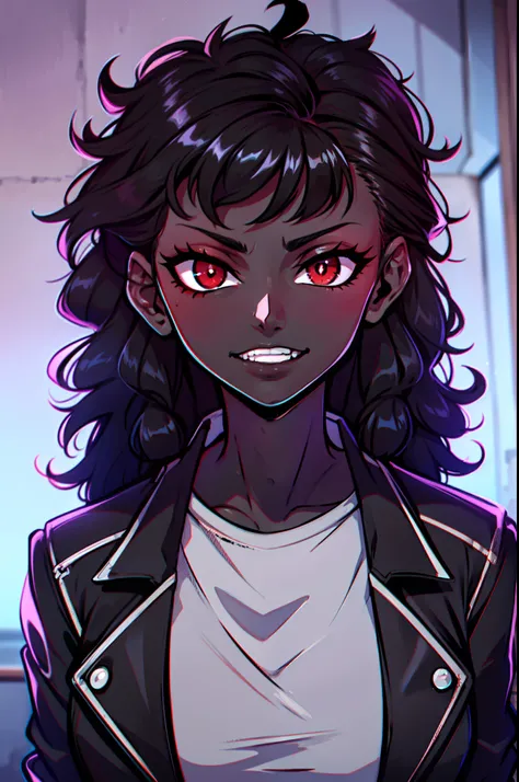 female, black skin,curly black hair, red eyes, vampire, jacket, black skin tone