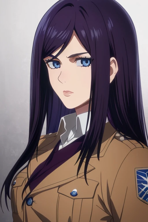 1girl, teenage girl, closeup, solo, lips, masterpiece, (long dark purple hair), (loose hair), beautiful, scouting uniform, deep blue eyes, (round eyes), aot style, serious expression, ((bangs in hair))