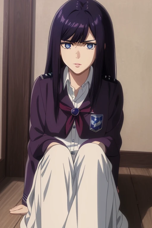 1girl, teenage girl, closeup, solo, lips, masterpiece, (long dark purple hair), (loose hair), beautiful, scouting uniform, deep blue eyes, (round eyes), aot style, serious expression, ((bangs in hair))