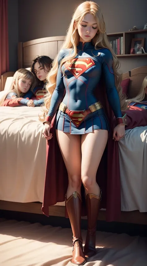 full body standing straight bareoot, long hair, triplets, holding hands on bed, sleeping together, superheroine girl, super sexy. best quality, realistic photo, cowboy shot, bedroom background, bed, sheet, pillow