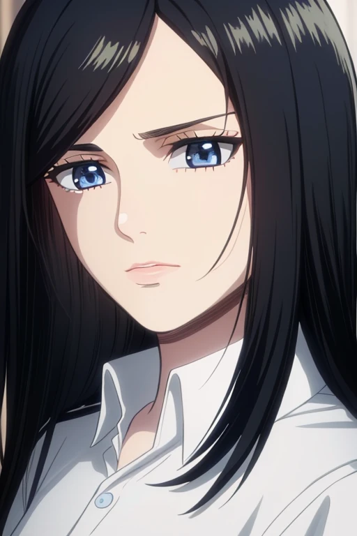 1girl, teenage girl, closeup, solo, lips, masterpiece, (long black hair), (loose, wavy hair), beautiful, scouting uniform, deep blue eyes, (round eyes), serious expression, ((bangs in hair)), ((highlights in eyes)), proper anatomy