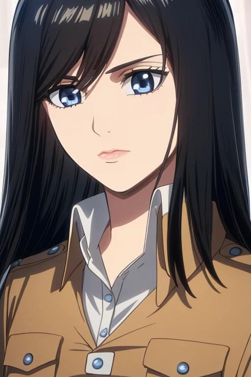 1girl, teenage girl, closeup, solo, lips, masterpiece, (long black hair), (loose, wavy hair), beautiful, scouting uniform, deep blue eyes, (round eyes), serious expression, ((bangs in hair)), ((highlights in eyes)), proper anatomy