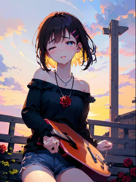 ((((Staring,imminent kiss,WAI KISSING,Crying with eyes closed,))))((Playing guitar,guitar,))(Masterpiece illustration,Beautiful and aesthetic:1.2,Target the audience,From below), Best quality,Top quality, Epic quality,((((Fence wall，Rose,En plein air,))))(...