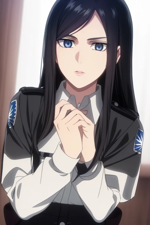 1girl, teenage girl, closeup, solo, lips, masterpiece, (long black hair), (loose thick wavy hair), beautiful, (scouting uniform), deep blue eyes, (round eyes), aot style, serious expression, parted hair, highlights in eyes, proper anatomy,