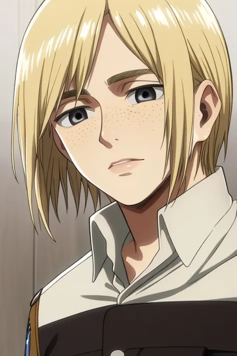 1boy, teenage boy, closeup, solo, slight lips, masterpiece, (blonde hair), (sidelocks), black eyes, freckles, scouting uniform, aot style, round eyes, proper anatomy