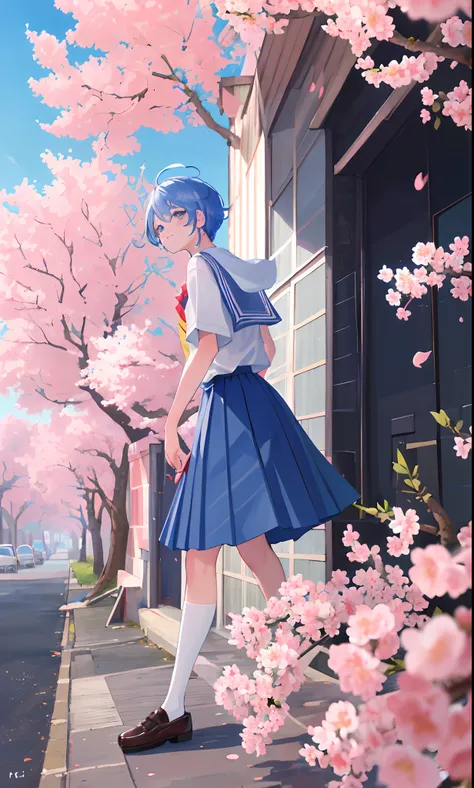 ((masterpiece，4k wallpaper，best qualtiy)) kamisatoayakarnd,  school uniform, In the daytime, street, cherry blossom backgound, sakura petals, street, blue-sky, short detailed hair,  Moody light,light blue  hair，light particules