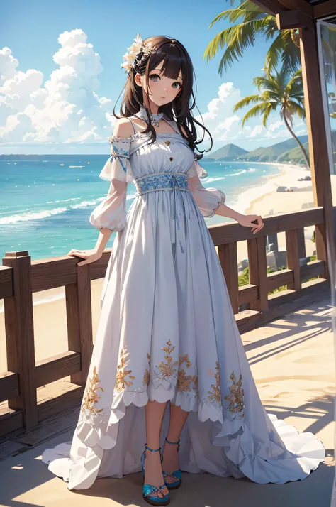 ​masterpiece、Background with（（sea side、sand beach））、a beauty girl、Highly detailed embroidery on the dress、skirt by the、