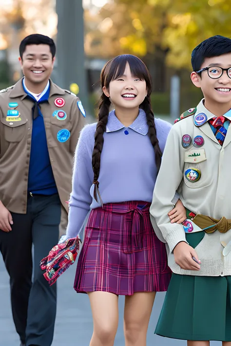 Pixar character, Asian man wearing Boy Scout outfit and Asian girl wearing plaid skirt, purple sweater, pig tails, wired teeth