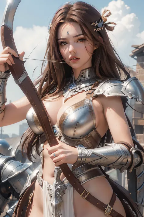 ((Warrior in metal armor))((huge tit)) ((Beautiful and perfect face ((Beautiful woman))((Age 20 years))((Brown hair))