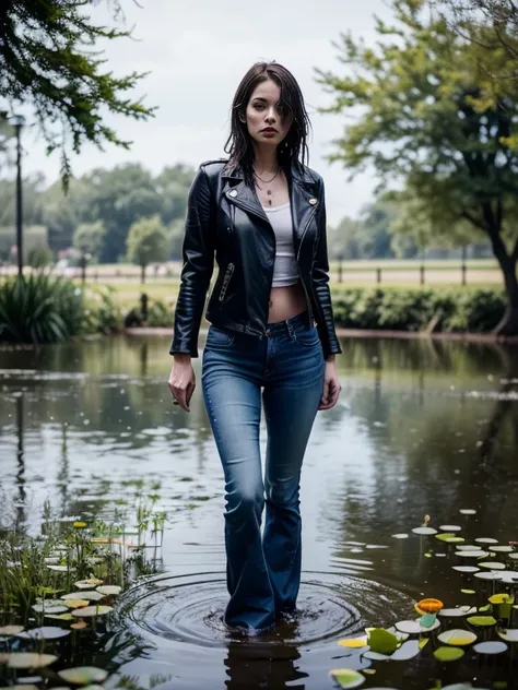 Morally Fallen Mature Woman, In top and jeans, standing in water, painting by Misha Klein, featured on cgsociety, fine art photography, Stylish photo shoot "Wetlook", photo of slim girl model, ultra-skinny flared jeans, (Wide flares on jeans:1.1), Fragile ...