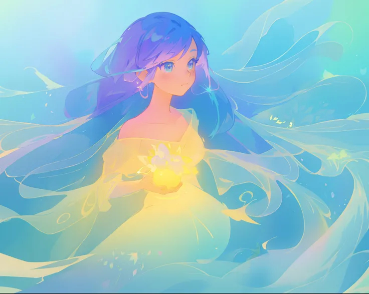 beautiful girl in yellow mint gradient flowing ballgown, long flowing blue purple hair, colorful fantasia background, watercolor illustration, disney art style, glowing aura around her, glowing lights, beautiful digital illustration, fantasia otherworldly ...