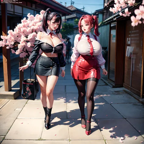 Cherry blossom And Street, 7 busty women on the street, full body shot,  giga_busty