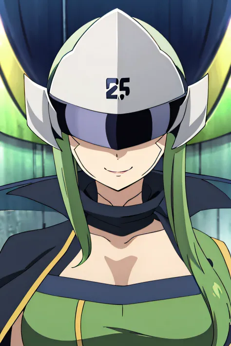 1girl, solo, facing viewer, looking at viewer, upper body, smile, cleavage, WITCHBATTLEDRESS, COMBAT HELMET, COMBAT VISOR, CONCEILED EYES