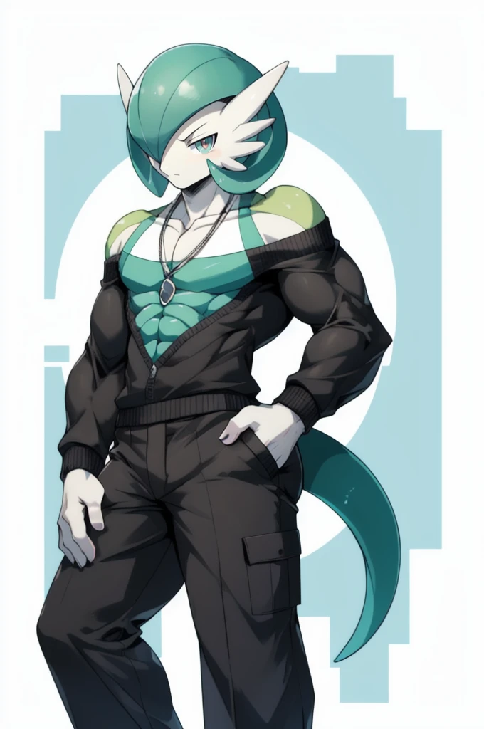 masterpiece, best quality, full body, Solo, male, (masculine), furry, pectorals, pectoral cleavage, muscular, sidepec, (wide hips), huge ass, ((Gardevoir)), ((pokemon)), (off-shoulder suit), (sweater crop top),