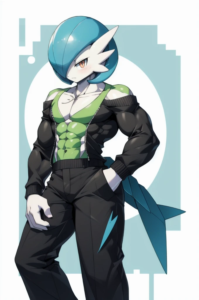 masterpiece, best quality, full body, Solo, male, (masculine), furry, pectorals, pectoral cleavage, muscular, sidepec, (wide hips), huge ass, ((Gardevoir)), ((pokemon)), (off-shoulder suit), (sweater crop top),