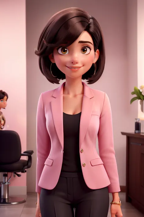 (best quality,ultra-detailed,photorealistic:1.2), fair-skinned and dark-haired hairstylist with a bob haircut, wearing black pants and a blazer in a salon with pink accents