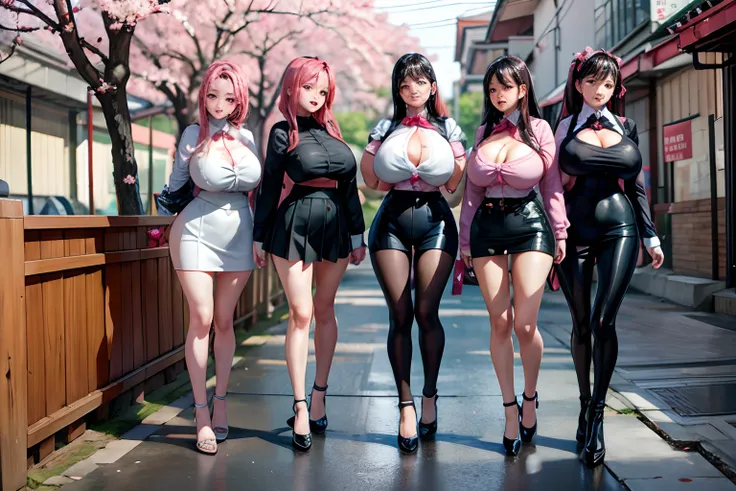 Cherry blossom And Street, 7 busty women on the street, full body shot,  giga_busty