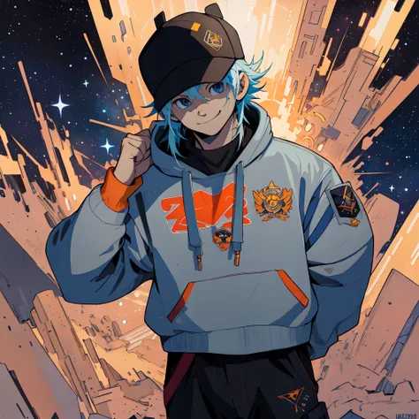 Imagen de dibujos animados de un hombre con una sudadera con capucha de estampados de galaxia con cuernos, Gorra estampada de galaxia, Art Style Anime, [[[sonriendo malvado]]]], weirdcore voidpunk, unknown artstyle, Blade de Drain Gang, Retrato de personaj...