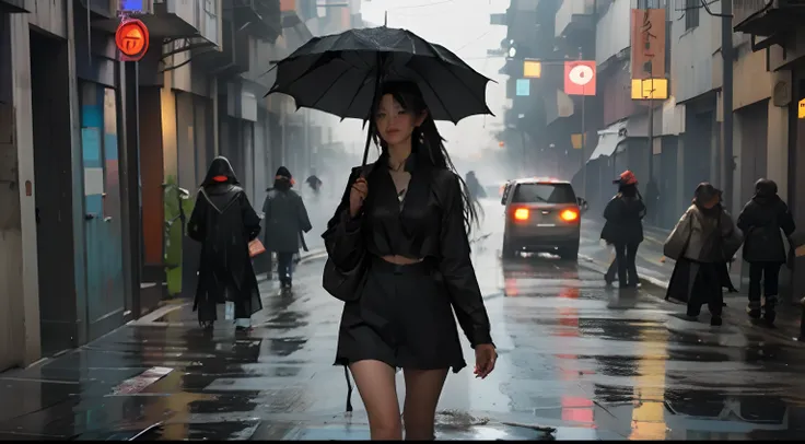 raining day，on the street，dense smoke，catching fire，there are vendors on the street，bit girl，black clothes，long hair