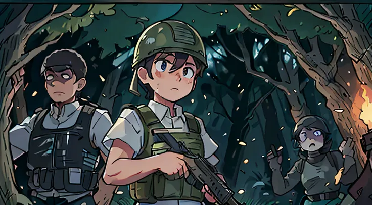 A man stands in the middle of a forest holding a pistol, Seu rosto parece assustado, He is wearing a ballistic vest and inside a short white shirt, He wears an open army helmet and right behind him are several undead wanting to attack him.