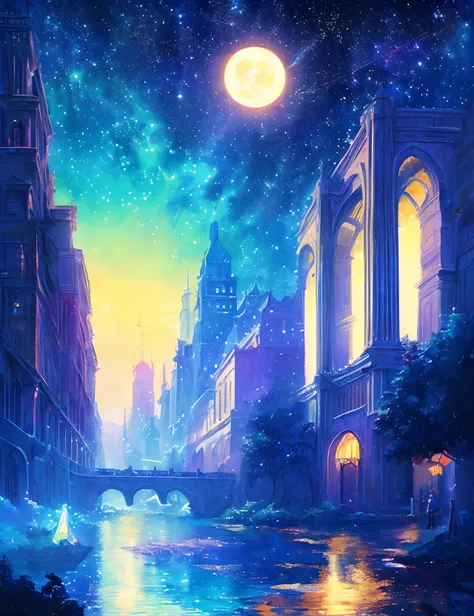 ((Supergiant pale yellow moon))((A girl who looks up at her profile and is subjectively depicted))、((Crying girl))、Profile Girls、The colorful Metropolitan Museum of Art in the background、River painting with stars and moon in rainbow sky、the met、Shining sky...