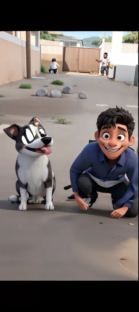 garoto sorrindo e cachorro preto e branco