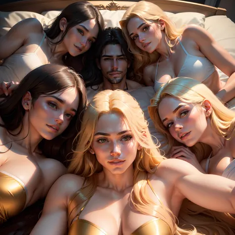 One Handsome man laying in bed surrounded by three beautiful athletic women snuggling up against him touching him, wearing sexy athletic wear,  perfect bodies, women: long flowing hair, flowers in hair, seductive, materials, golden hour, , jewelry, golden ...