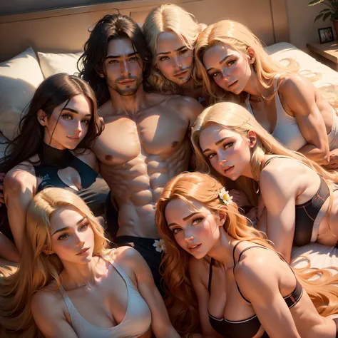 One Handsome man laying in bed surrounded by three beautiful athletic women snuggling up against him touching him, wearing sexy athletic wear,  perfect bodies, women: long flowing hair, flowers in hair, seductive, materials, golden hour, , jewelry, golden ...