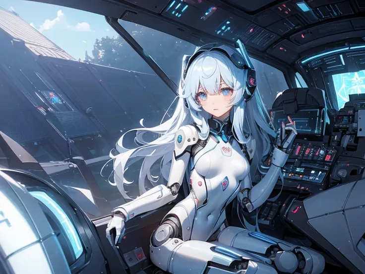 Very delicate and beautiful girl, Incredibly beautiful、(Transcendental robot beautiful girl:1.5)、Stomach(Exoskeleton leotard)、Absolute area、Break Break、headphones、sitting on、Sit in the cockpit of the robot、Face straight ahead