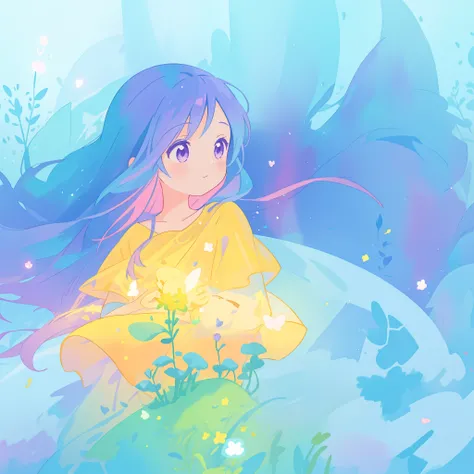 beautiful girl in yellow minut gradient flowing dress, long flowing blue purple pink hair, colorful fantasia background, watercolor illustration, disney art style, glowing aura around her, glowing lights, beautiful digital illustration, fantasia otherworld...