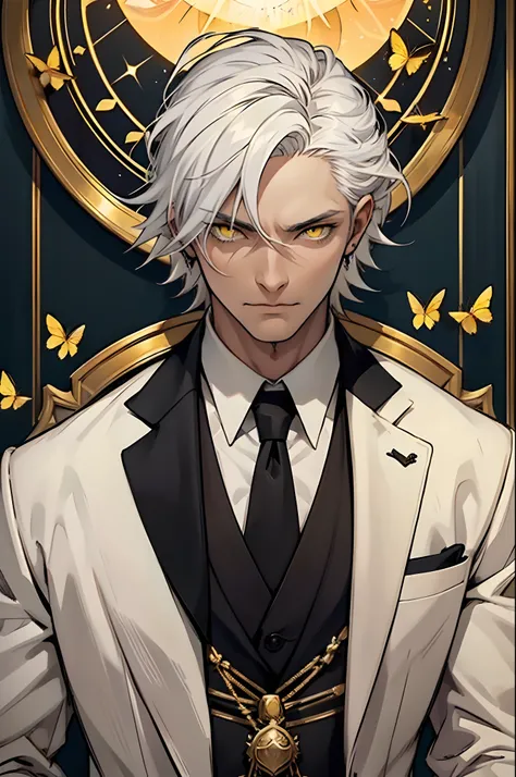 (best quality, master piece:1.2) man holding a cane, staring, yellow eyes, white hair, wearing black suit, black suit with yellow details, bees around, honey, supernatural, magic, high society, rich, powerful