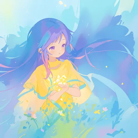 beautiful girl in yellow minut gradient flowing dress, long flowing blue purple pink hair, colorful fantasia background, watercolor illustration, disney art style, glowing aura around her, glowing lights, beautiful digital illustration, fantasia otherworld...