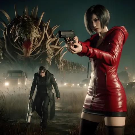 Ada wong, beautiful face, bob hair, perfect Face, wearing mini red rose dress hoody, black nail polish, glare expression, holding a gun