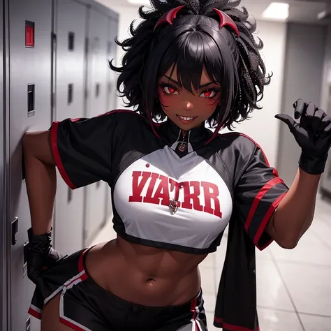 Vampire woman, cheer leader outfit, black skin, dark skin, black afro, sharp vampire teeth, sultry smirk, blood dripping from mouth, leaning against school lockers