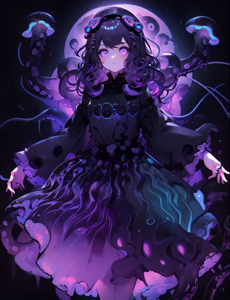 a girl wearing a jellyfish dress. a black jellyfish and a purple glow. black tentacles lined with purple luminescent bodies. dee...