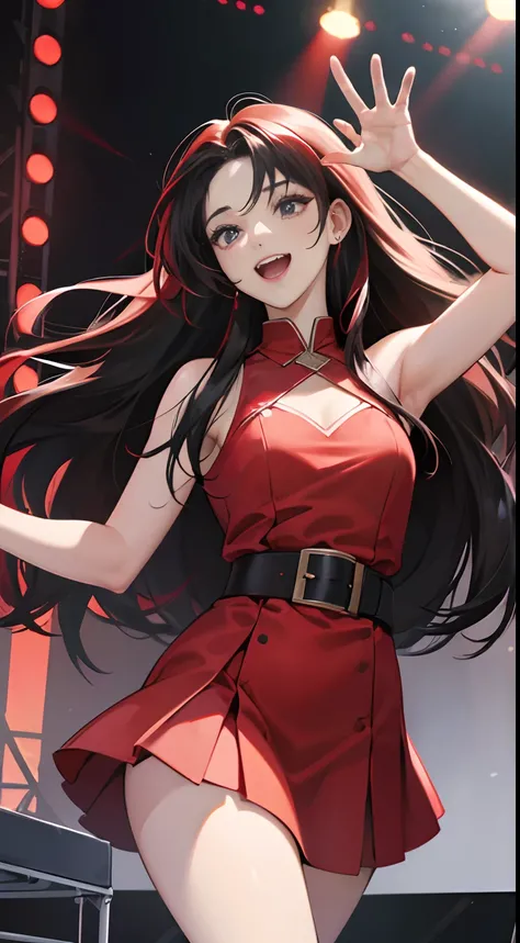 (Best Quality,4K,High resolution), 18yo woman, Red mesh hair on black hair, Long hair, Straight hair,  , Comical appearance，stage,Idol，Lets sing together today，Even if you dream, Dreaming, Laughing, If you have a dream，Lasts forever