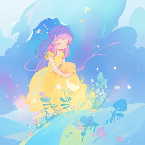 beautiful girl in yellow minut gradient flowing dress, long flowing blue purple pink hair, colorful fantasia background, watercolor illustration, disney art style, glowing aura around her, glowing lights, beautiful digital illustration, fantasia otherworld...