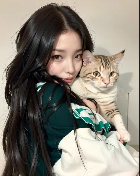 Hay una mujer sosteniendo un gato en sus brazos, Grandes mejillas sosteniendo a su gato, She is holding a cat in her arms, ulzzang, muy hermosa linda catgirl, with small cat on his lap, Blackpink Jennie, con hiedra, Sakimichan, Sosteniendo a un gato, Hay u...