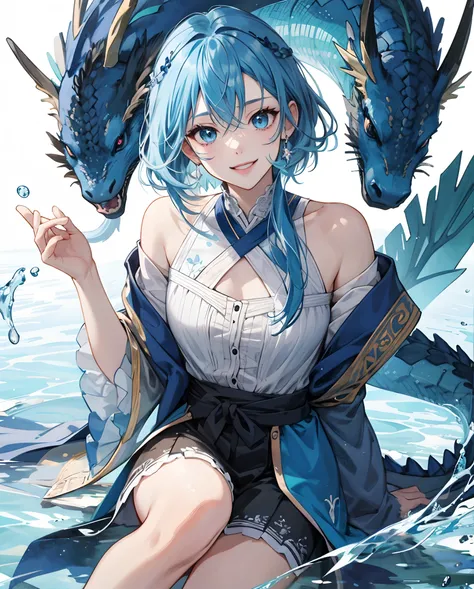 ​masterpiece、top-quality、超A high resolution、2D Beautiful Girl、animesque、teens girl、Blue hair、short-haired、Looks like a water dragon、Beautiful blue eyes、The clothes are also depicted in detail、Eyes are depicted in detail、The face is depicted in detail、sorce...