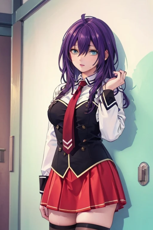 long hair, mole under mouth, purple hair, hair between eyes, cyan eyes, parted lips, ahoge, 1girl, cowboy shot, bbuniform