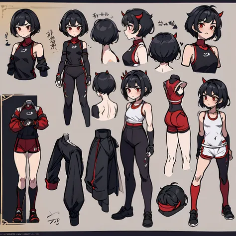 （（tmasterpiece）），（（（best qualtiy））），（CharacterDesignSheet，Same role，frontage，Lateral face，on  back），1 Red Devils，独奏，Short black hair，tiny horns，red eyes，tmasterpiece，best qualtiy，looking around a corner，full bodyesbian，Height 160cm，A detailed，ssmile，sport ...