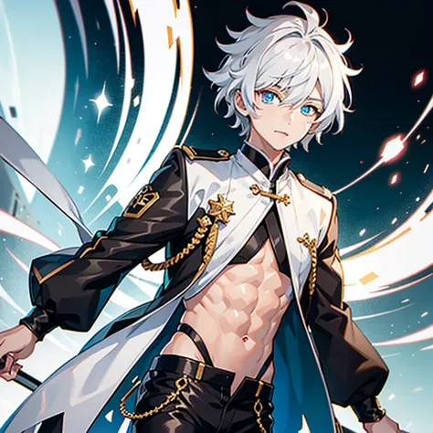 Ultra detailed, Best quality, finedetail, Anime boy, neko, The male, White hair, , eyes blue, Blue pupils, Extremely detailed eyes, White color blouse, Black shorts,, The male，Abs