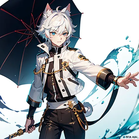 Ultra detailed, Best quality, finedetail, Anime boy, neko, The male, White hair, , eyes blue, Blue pupils, Extremely detailed eyes, White color blouse, Black shorts,, The male，Abs