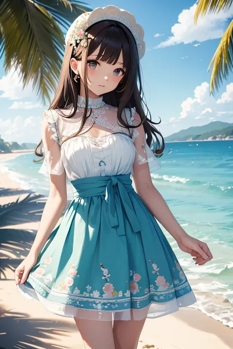 ​masterpiece、Background with（（sea side、sand beach））、20yr old、a beauty girl、kawaii、Highly detailed embroidery on the dress、skirt by the、